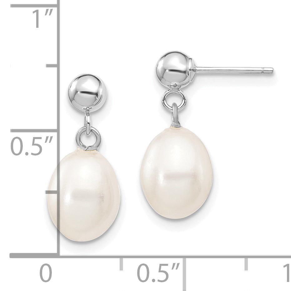 10K White Gold 7-8mm Rice Freshwater Cultured Pearl Dangle Post Earrings