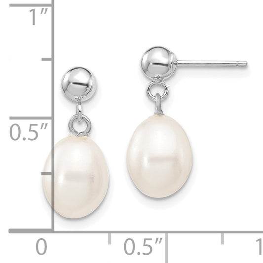 10K White Gold 7-8mm Rice Freshwater Cultured Pearl Dangle Post Earrings