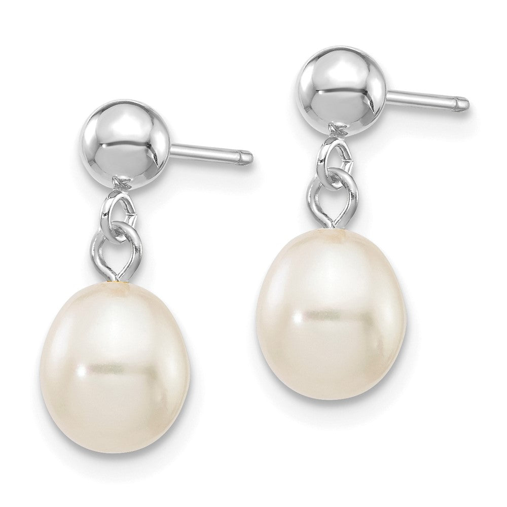 10K White Gold 6-7mm Rice Freshwater Cultured Pearl Dangle Post Earrings