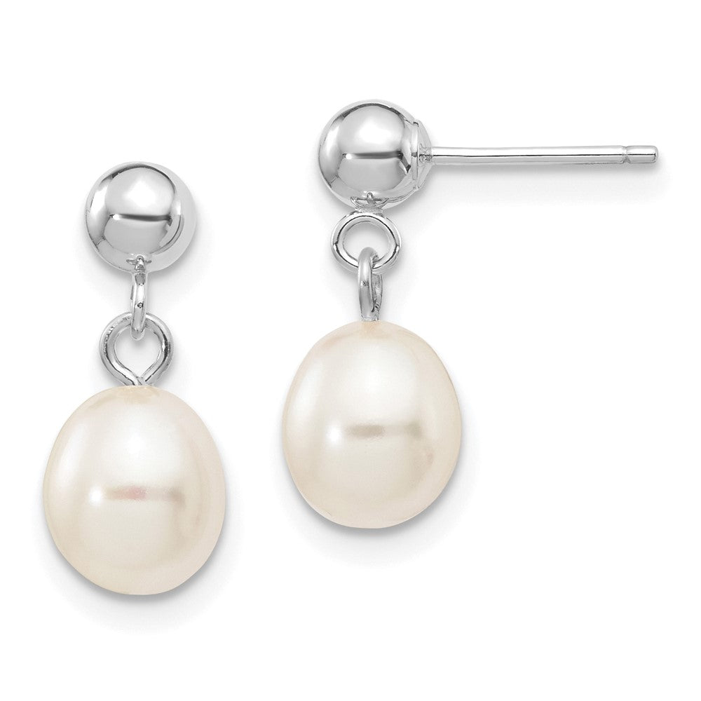 10K White Gold 6-7mm Rice Freshwater Cultured Pearl Dangle Post Earrings