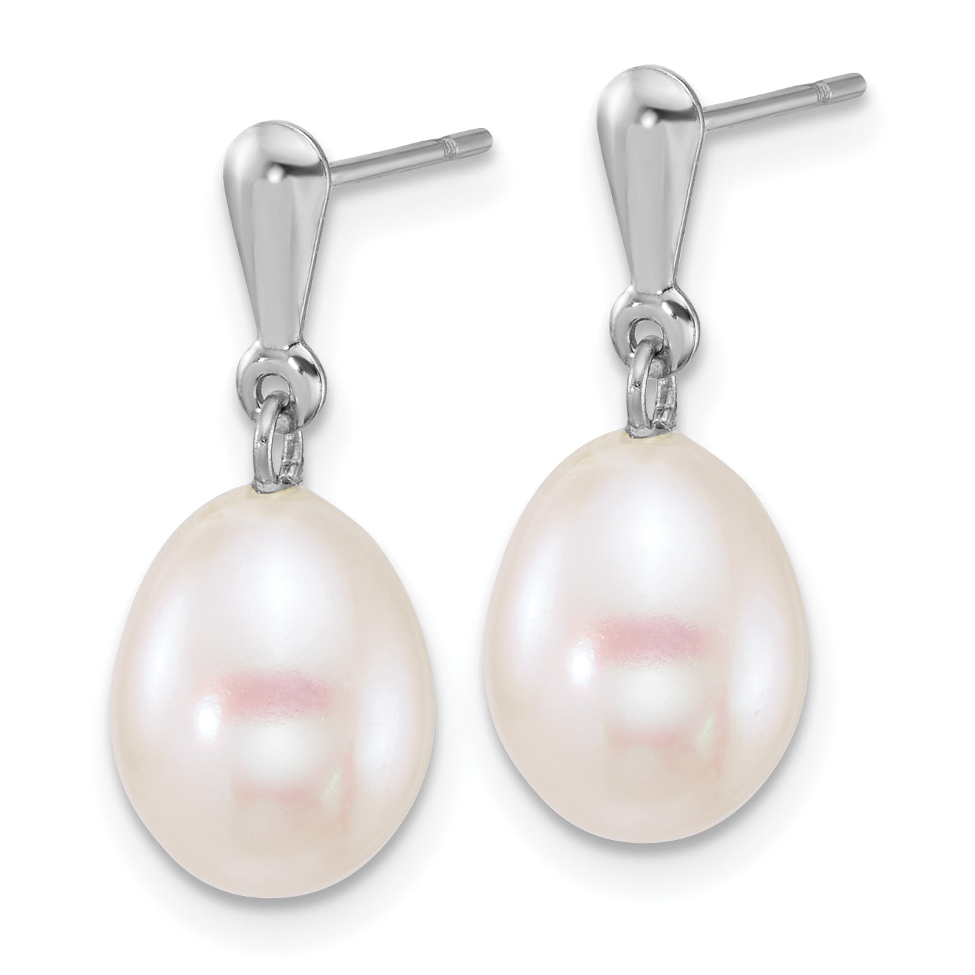 10K White Gold Polished 8-9mm Rice Freshwater Cultured Pearl Dangle Post Earrings