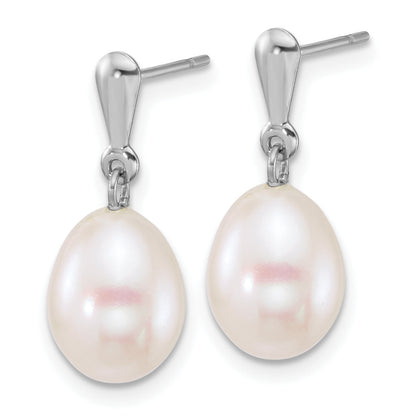 10K White Gold Polished 8-9mm Rice Freshwater Cultured Pearl Dangle Post Earrings
