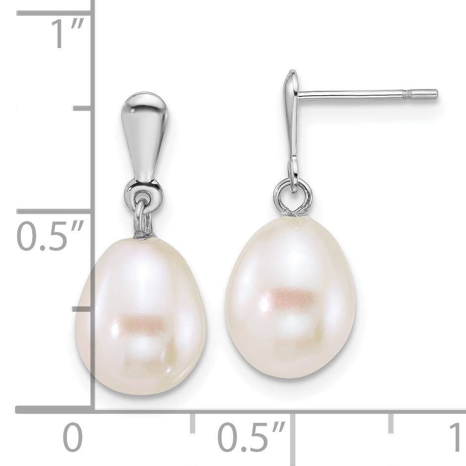 10K White Gold Polished 8-9mm Rice Freshwater Cultured Pearl Dangle Post Earrings