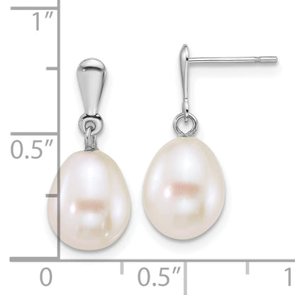 10K White Gold Polished 8-9mm Rice Freshwater Cultured Pearl Dangle Post Earrings