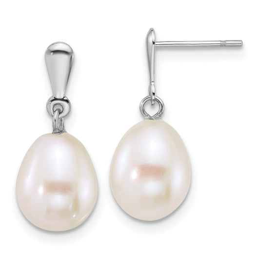 10K White Gold Polished 8-9mm Rice Freshwater Cultured Pearl Dangle Post Earrings