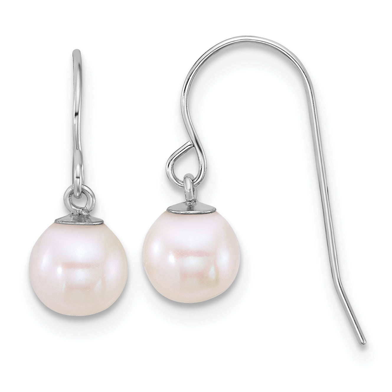 10K White Gold Polished 6-7mm Round Freshwater Culture Pearl Dangle Shepherd Hook Earrings