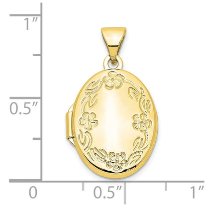 10K Yellow Gold 17mm Oval Leaf Floral Hand Engraved Locket