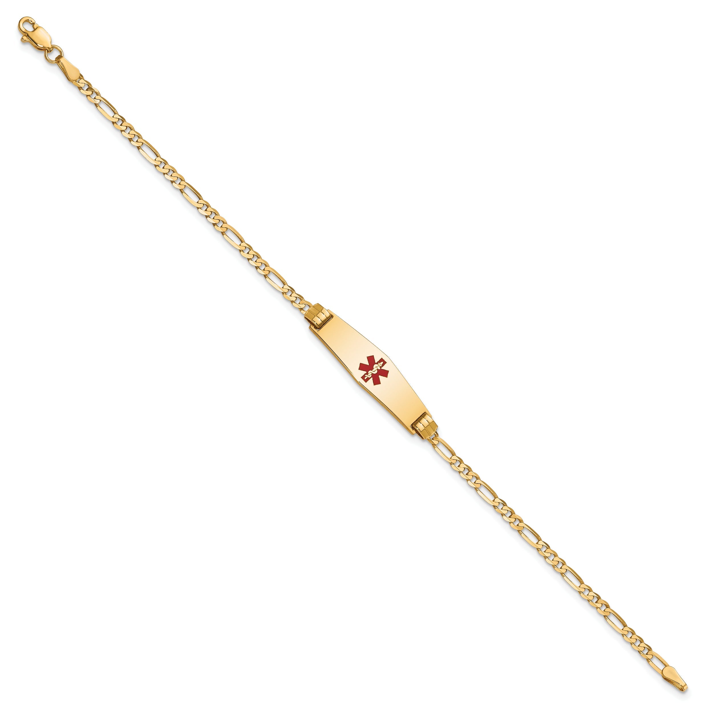 10K Yellow Gold Medical Soft Diamond Shape Red Enamel Figaro Id Bracelet