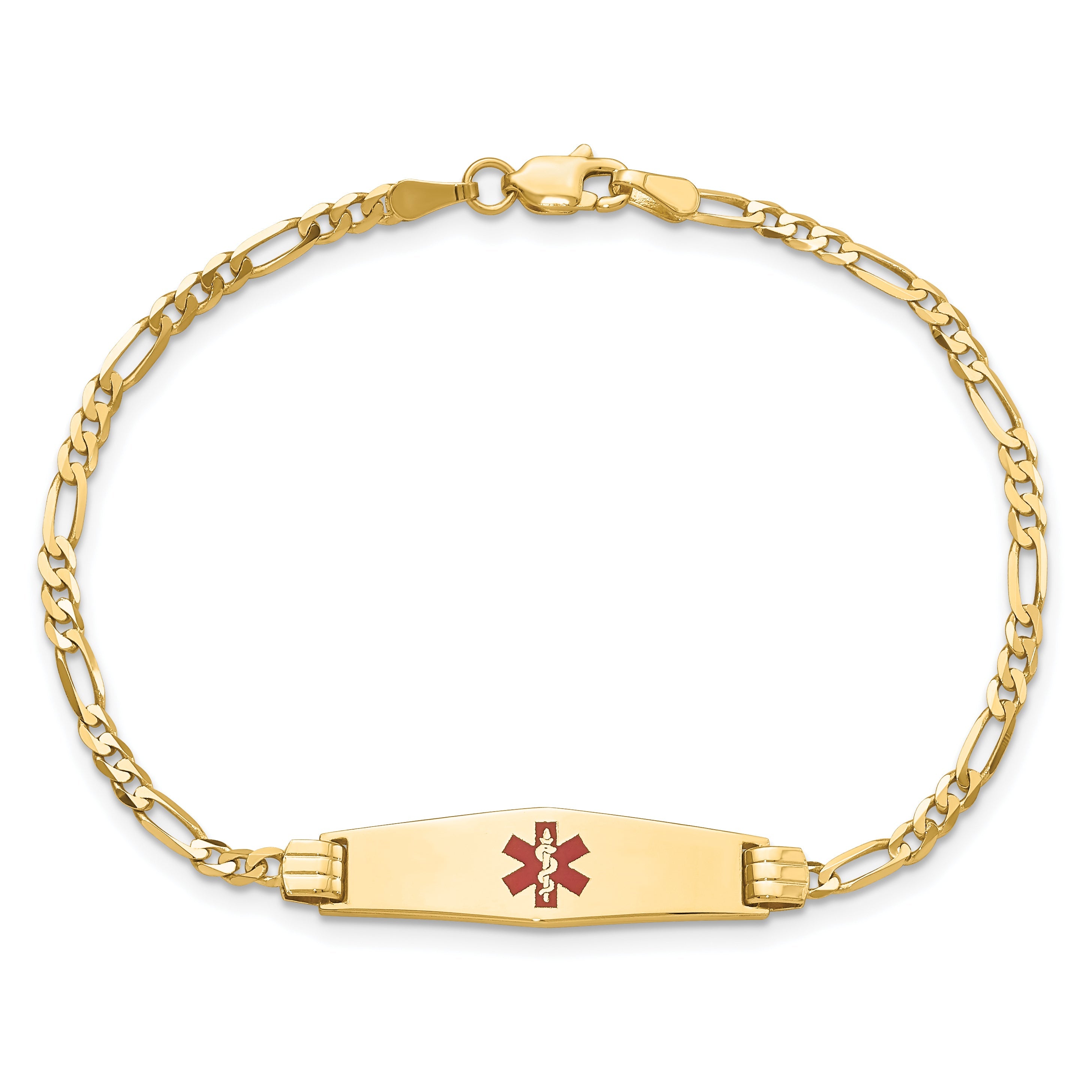 10K Yellow Gold Medical Soft Diamond Shape Red Enamel Figaro Id Bracelet