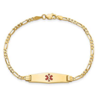10K Yellow Gold Medical Soft Diamond Shape Red Enamel Figaro Id Bracelet