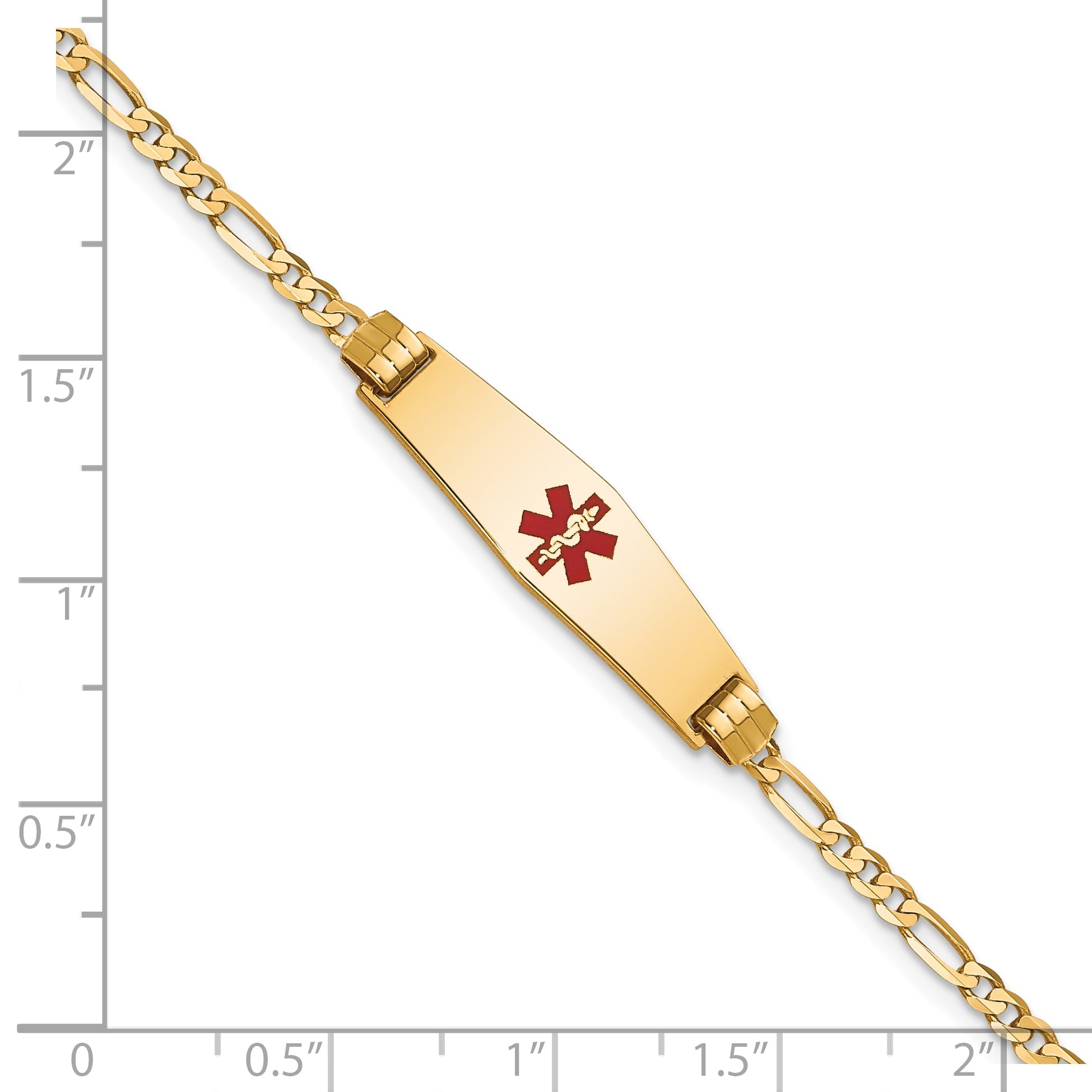 10K Yellow Gold Medical Soft Diamond Shape Red Enamel Figaro Id Bracelet