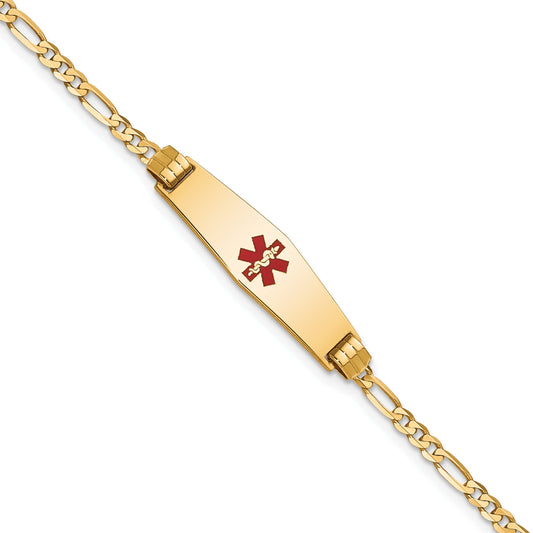 10K Yellow Gold Medical Soft Diamond Shape Red Enamel Figaro Id Bracelet
