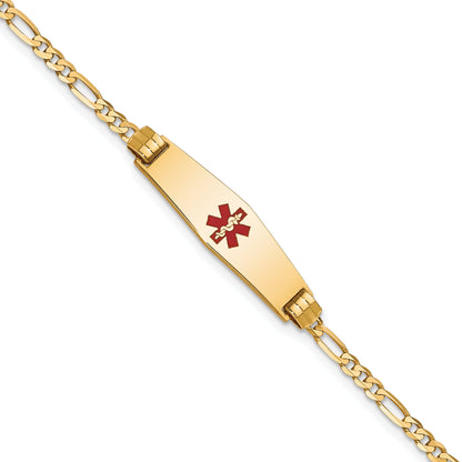 10K Yellow Gold Medical Soft Diamond Shape Red Enamel Figaro Id Bracelet