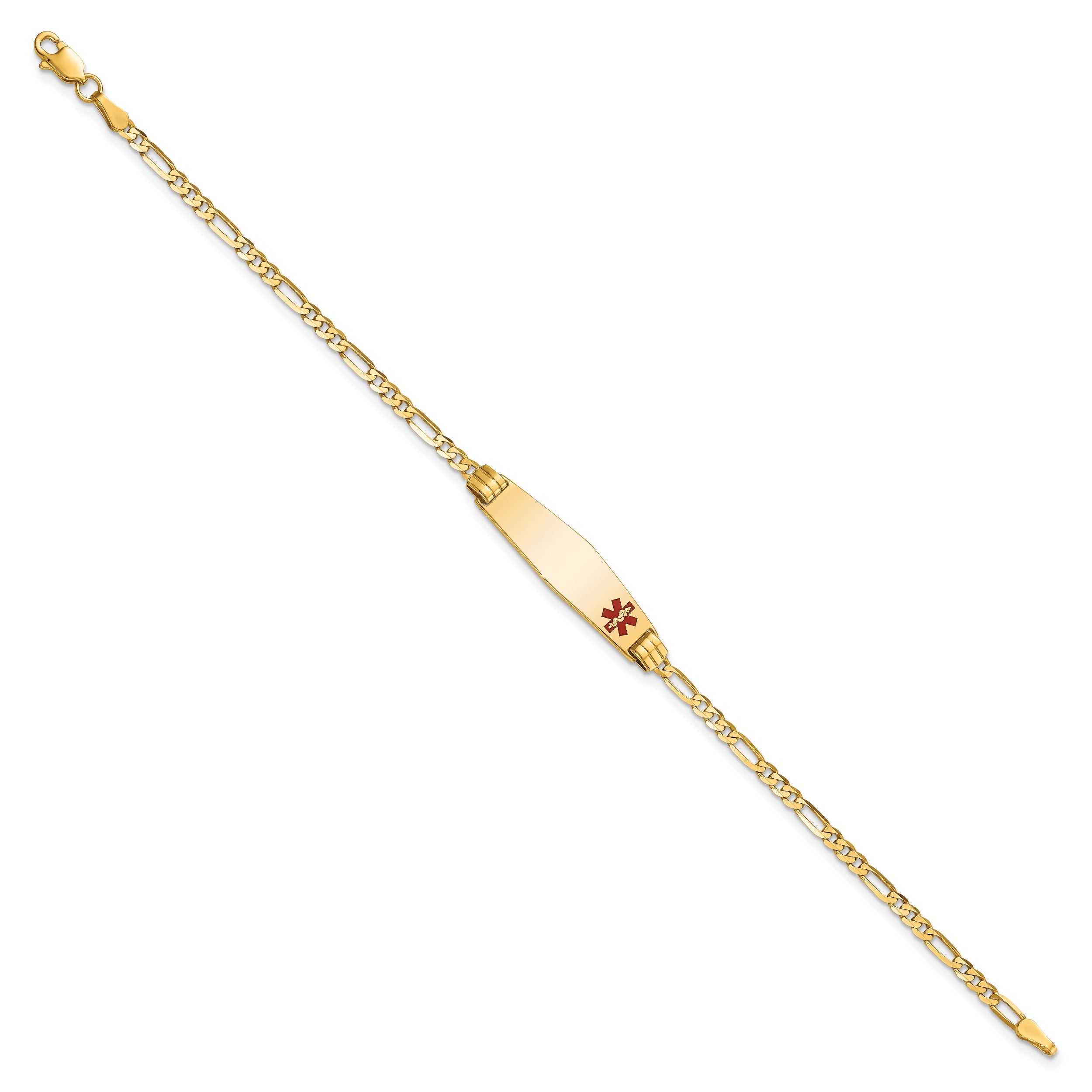 10K Yellow Gold Medical Soft Diamond Shape Red Enamel Figaro Id Bracelet