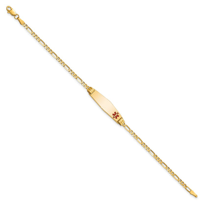 10K Yellow Gold Medical Soft Diamond Shape Red Enamel Figaro Id Bracelet