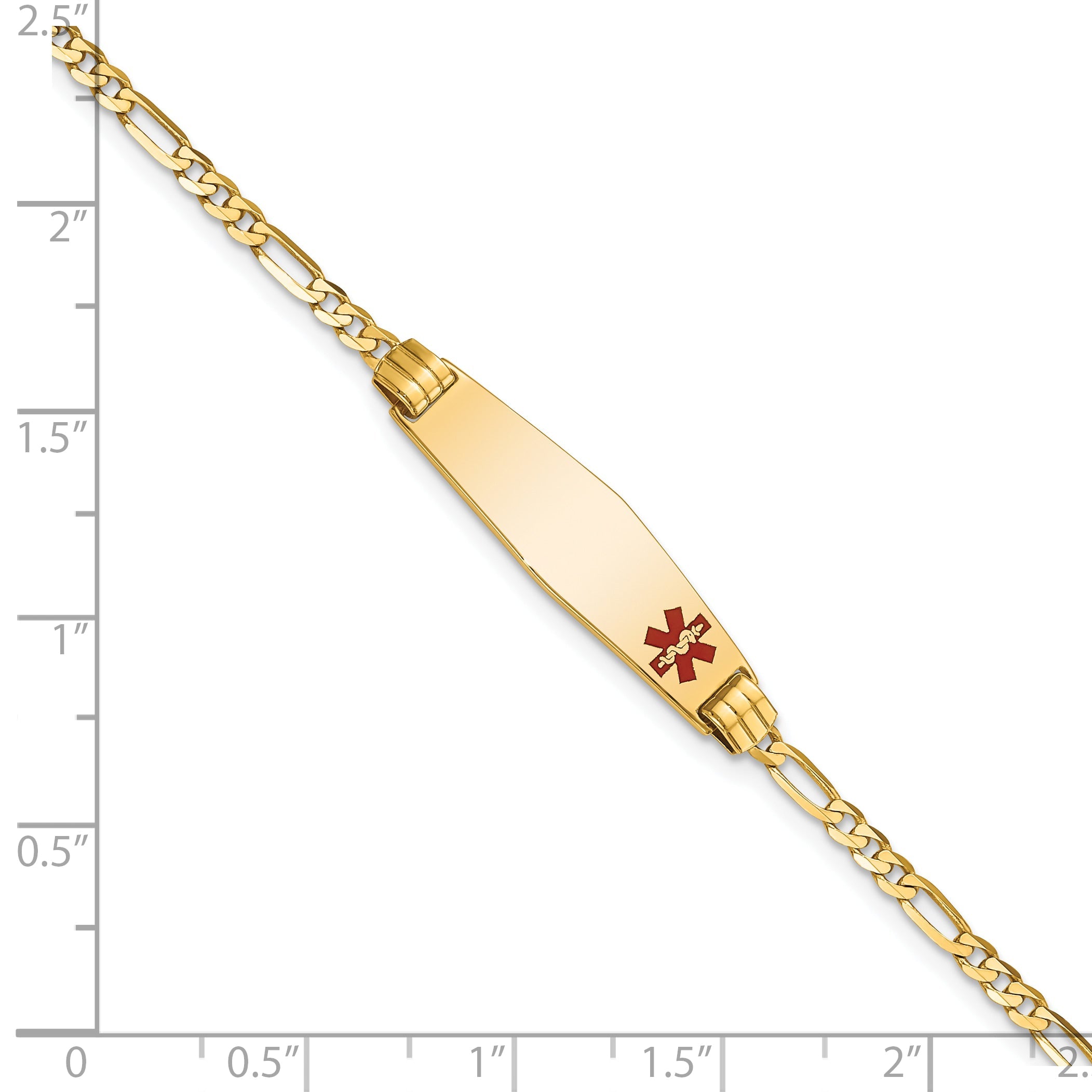 10K Yellow Gold Medical Soft Diamond Shape Red Enamel Figaro Id Bracelet