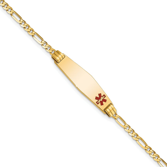 10K Yellow Gold Medical Soft Diamond Shape Red Enamel Figaro Id Bracelet