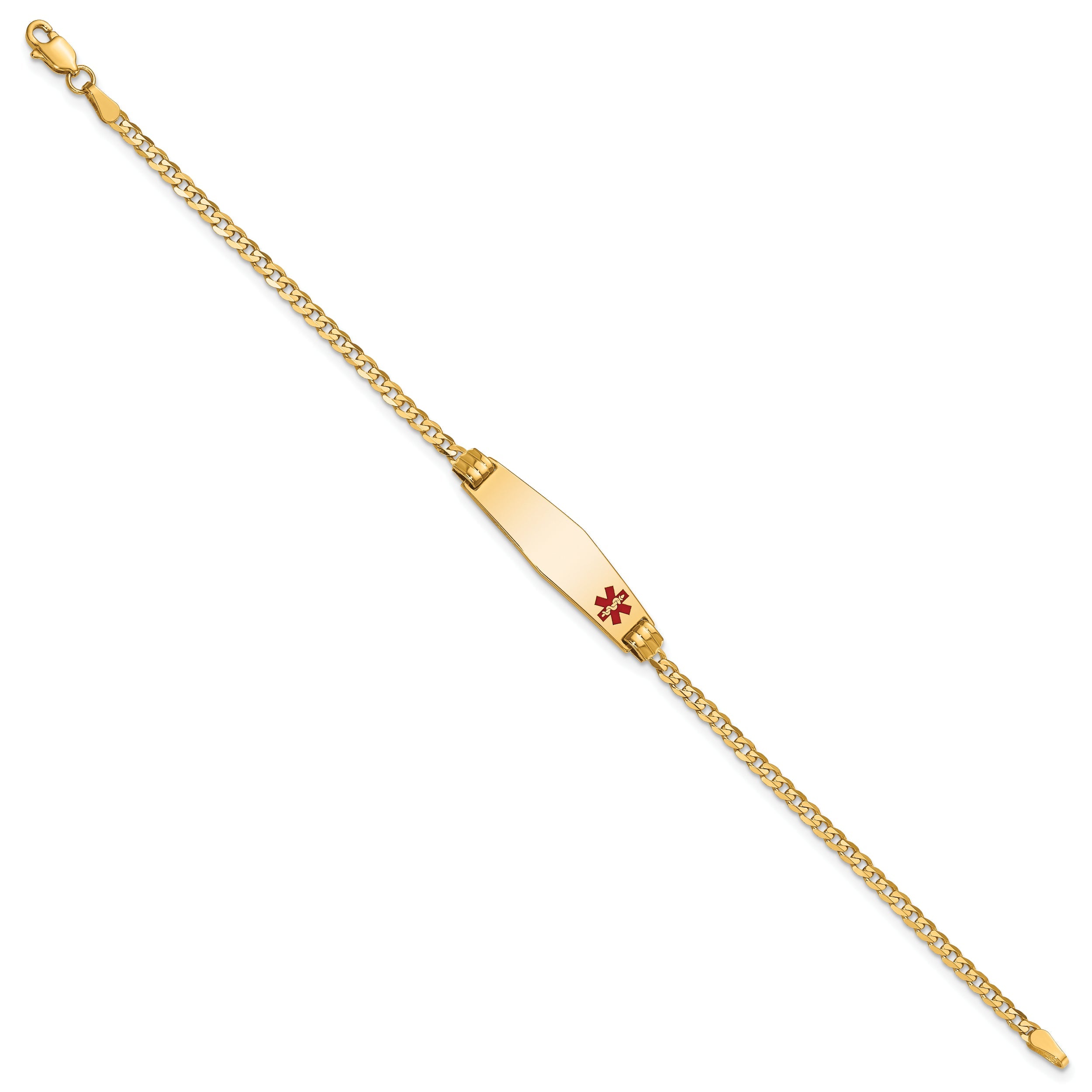 10K Yellow Gold Medical Soft Diamond Shape Red Enamel Curb Link Id Bracelet