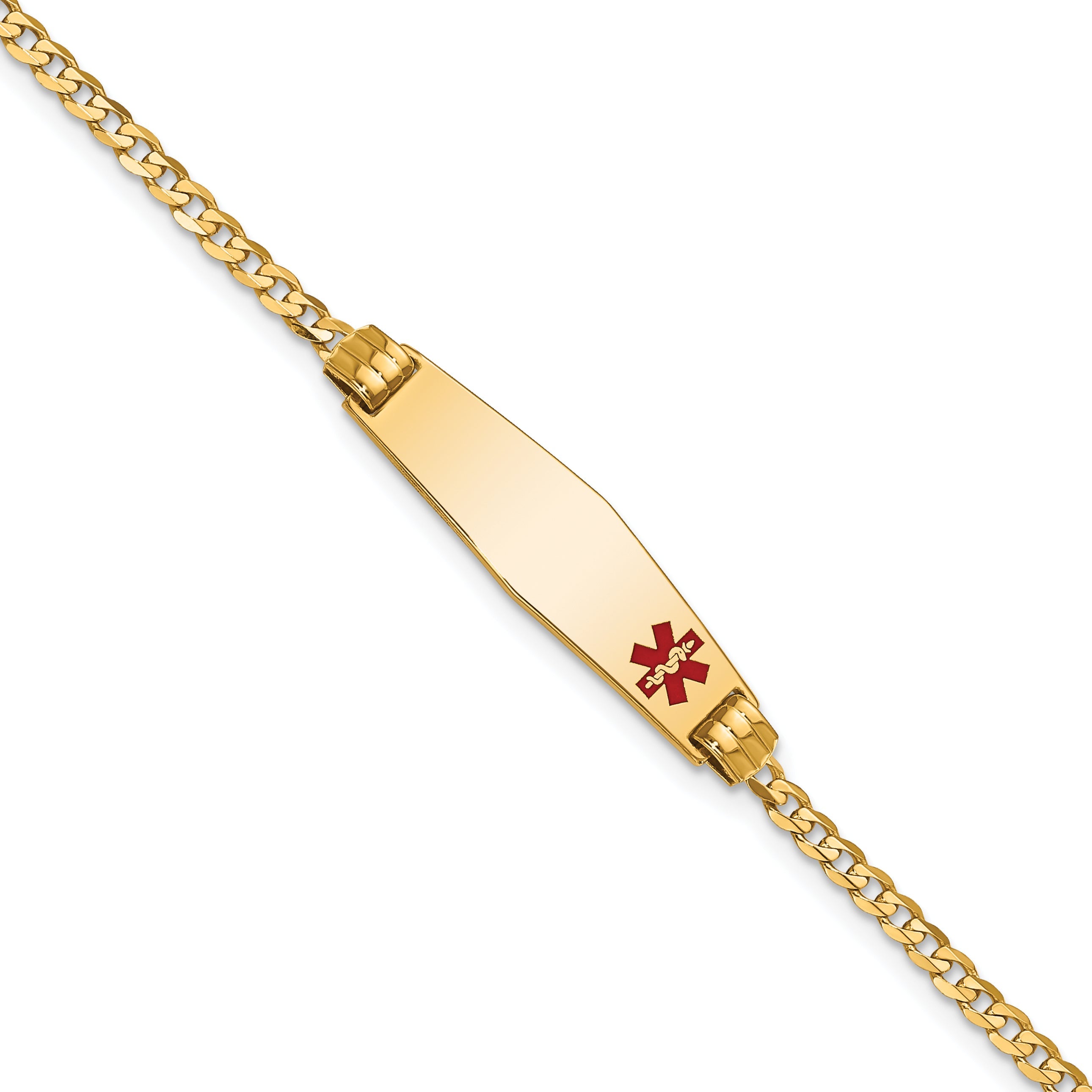 10K Yellow Gold Medical Soft Diamond Shape Red Enamel Curb Link Id Bracelet