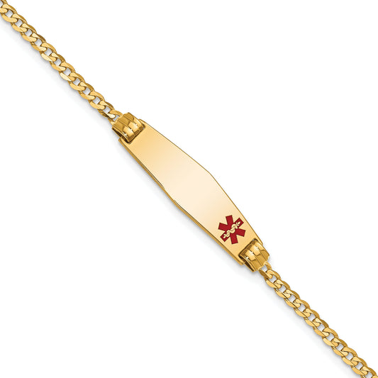 10K Yellow Gold Medical Soft Diamond Shape Red Enamel Curb Link Id Bracelet