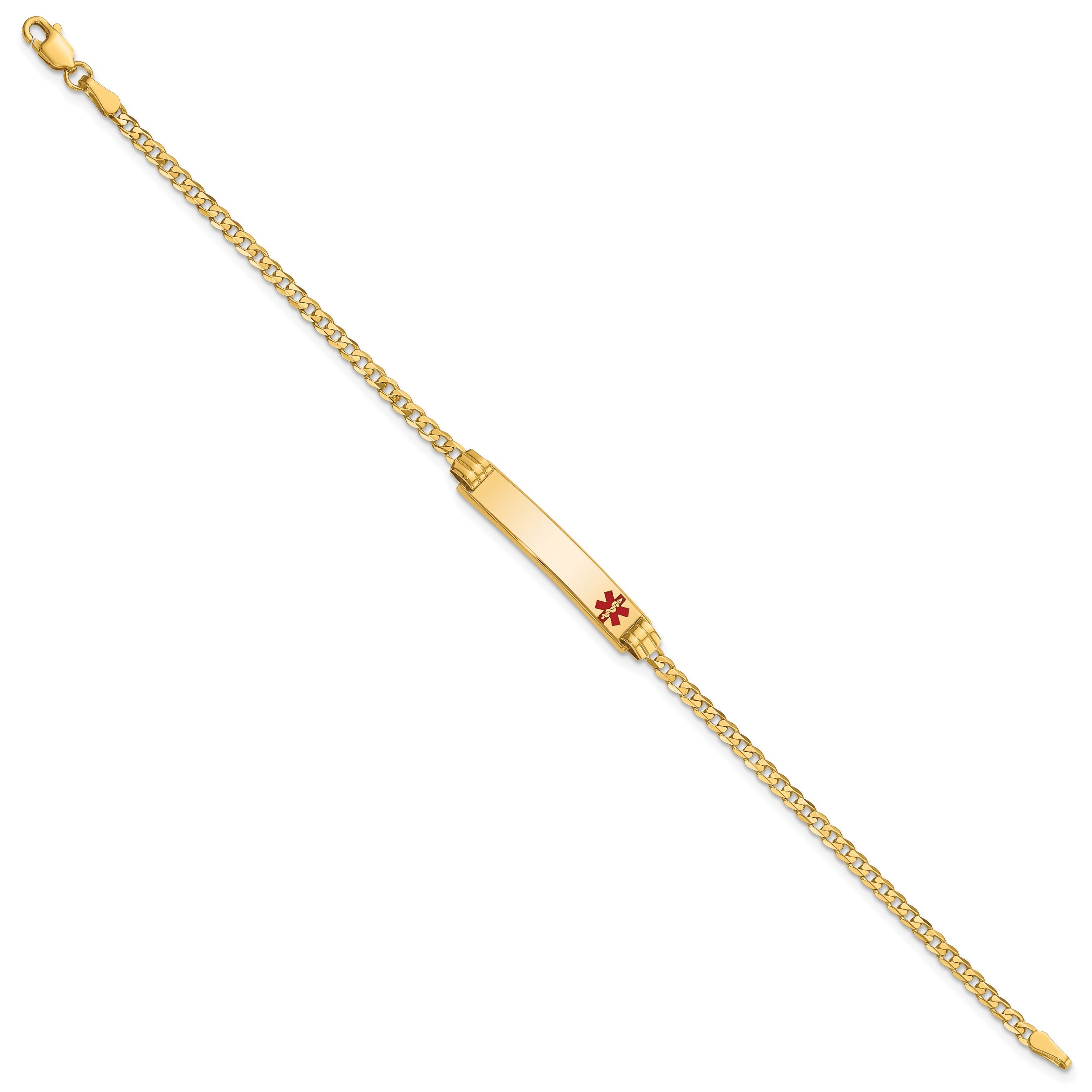 10K Yellow Gold Medical Red Enamel Curb Link Id Bracelet