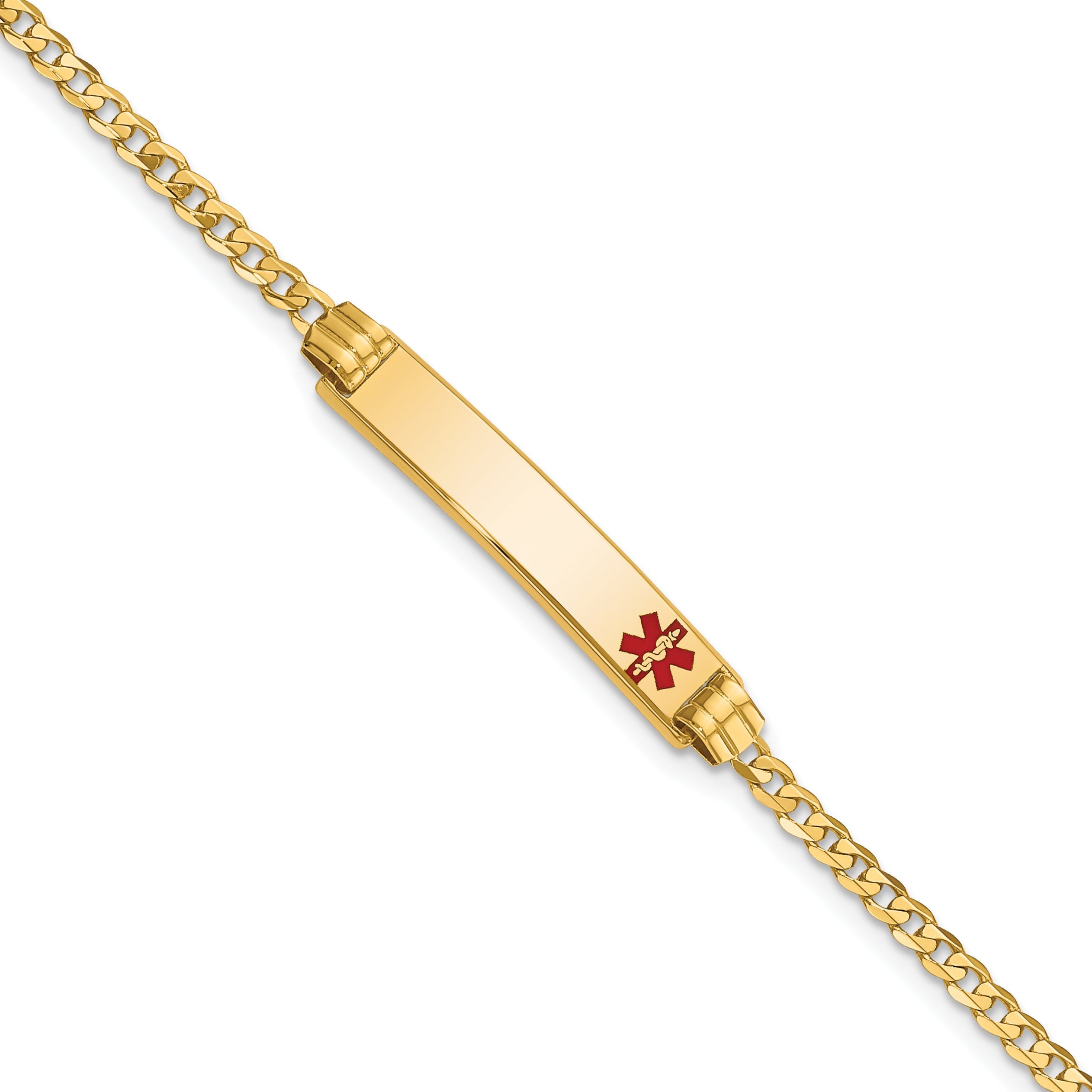10K Yellow Gold Medical Red Enamel Curb Link Id Bracelet