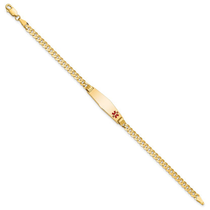 10K Yellow Gold Medical Soft Diamond Shape Red Enamel Curb Link Id Bracelet