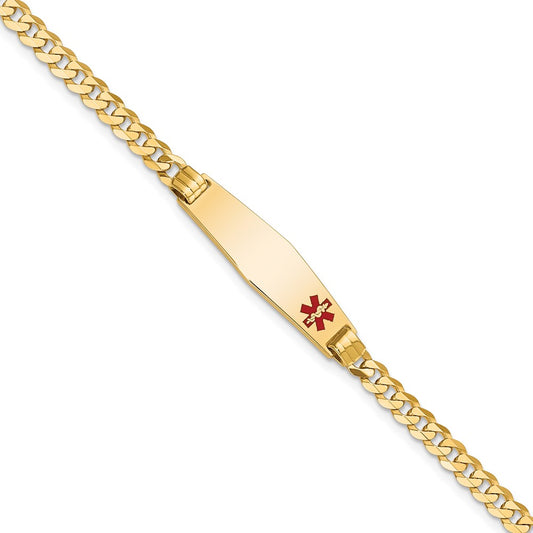 10K Yellow Gold Medical Soft Diamond Shape Red Enamel Curb Link Id Bracelet