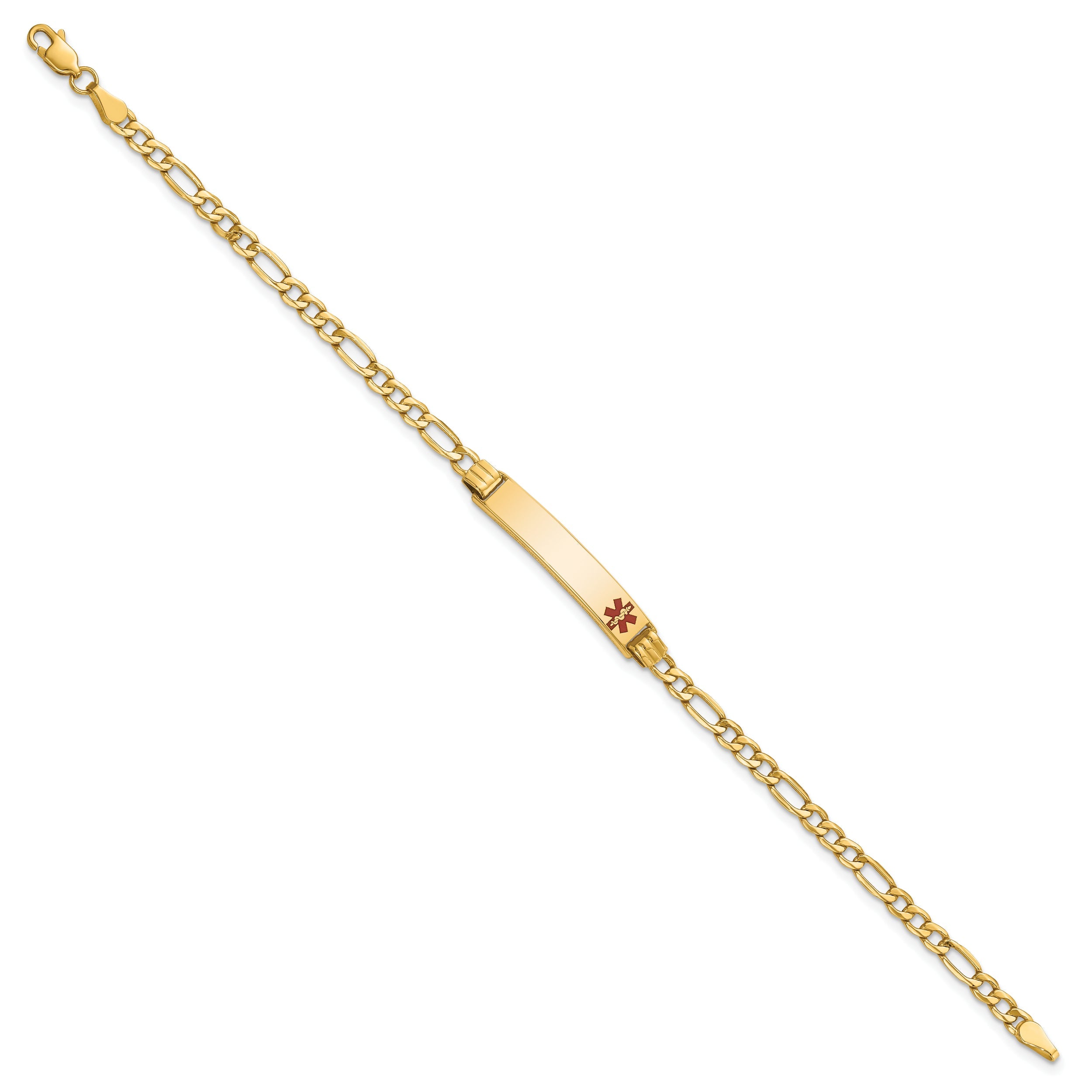 10K Yellow Gold Semi-Solid Medical Polished Red Enamel Figaro Id Bracelet