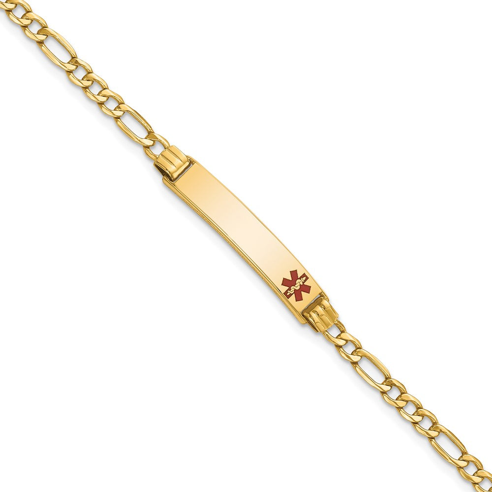 10K Yellow Gold Semi-Solid Medical Polished Red Enamel Figaro Id Bracelet