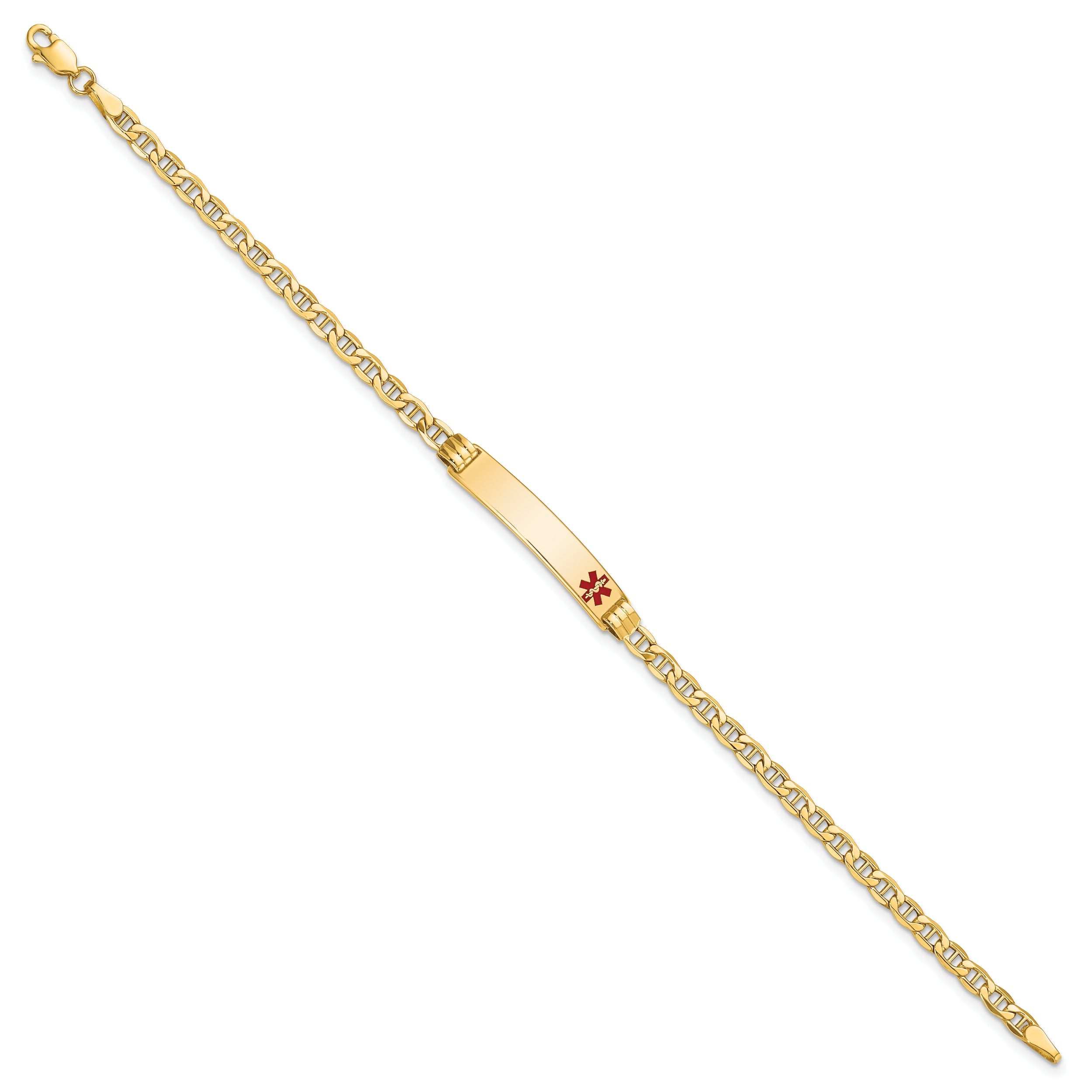 10K Yellow Gold Semi-Solid Medical Red Enamel Anchor Link Id Bracelet