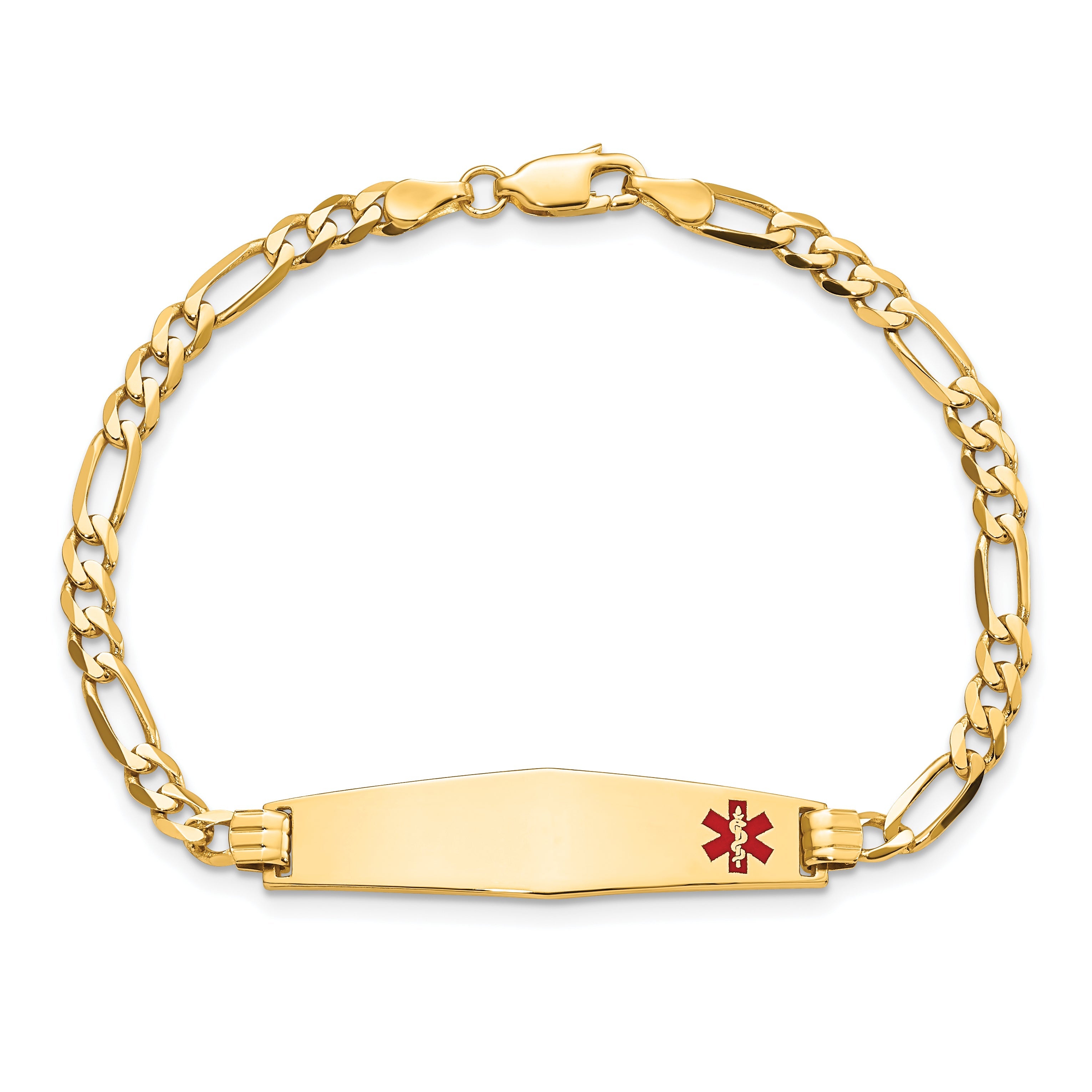 10K Yellow Gold 10K Medical Soft Diamond Shape Red Enamel Flat Figaro Link Id Bracelet