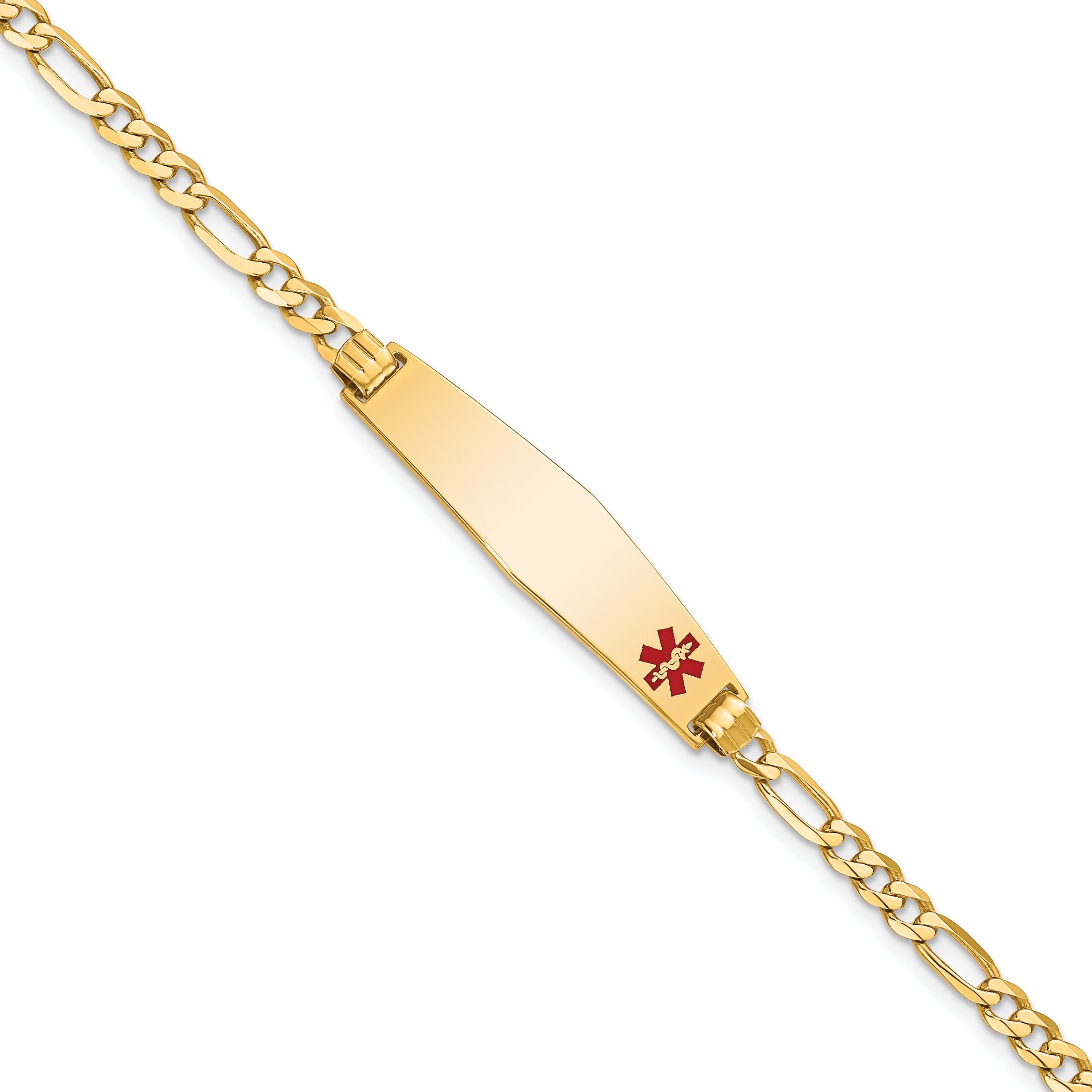 10K Yellow Gold 10K Medical Soft Diamond Shape Red Enamel Flat Figaro Link Id Bracelet