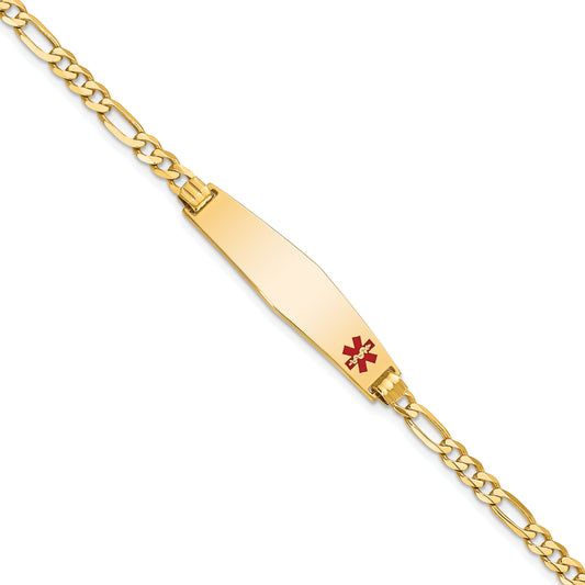 10K Yellow Gold 10K Medical Soft Diamond Shape Red Enamel Flat Figaro Link Id Bracelet