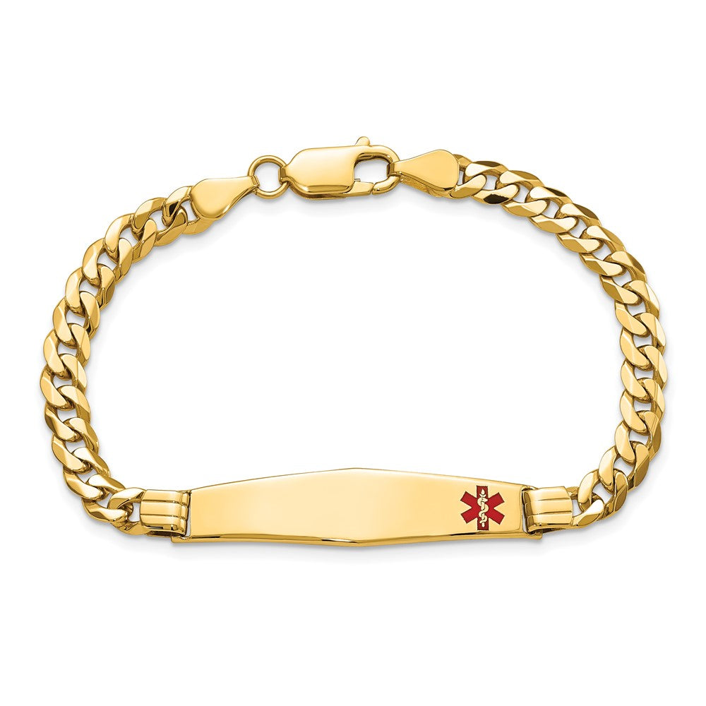 10K Yellow Gold Medical Soft Diamond Shape Red Enamel Curb Link Id Bracelet