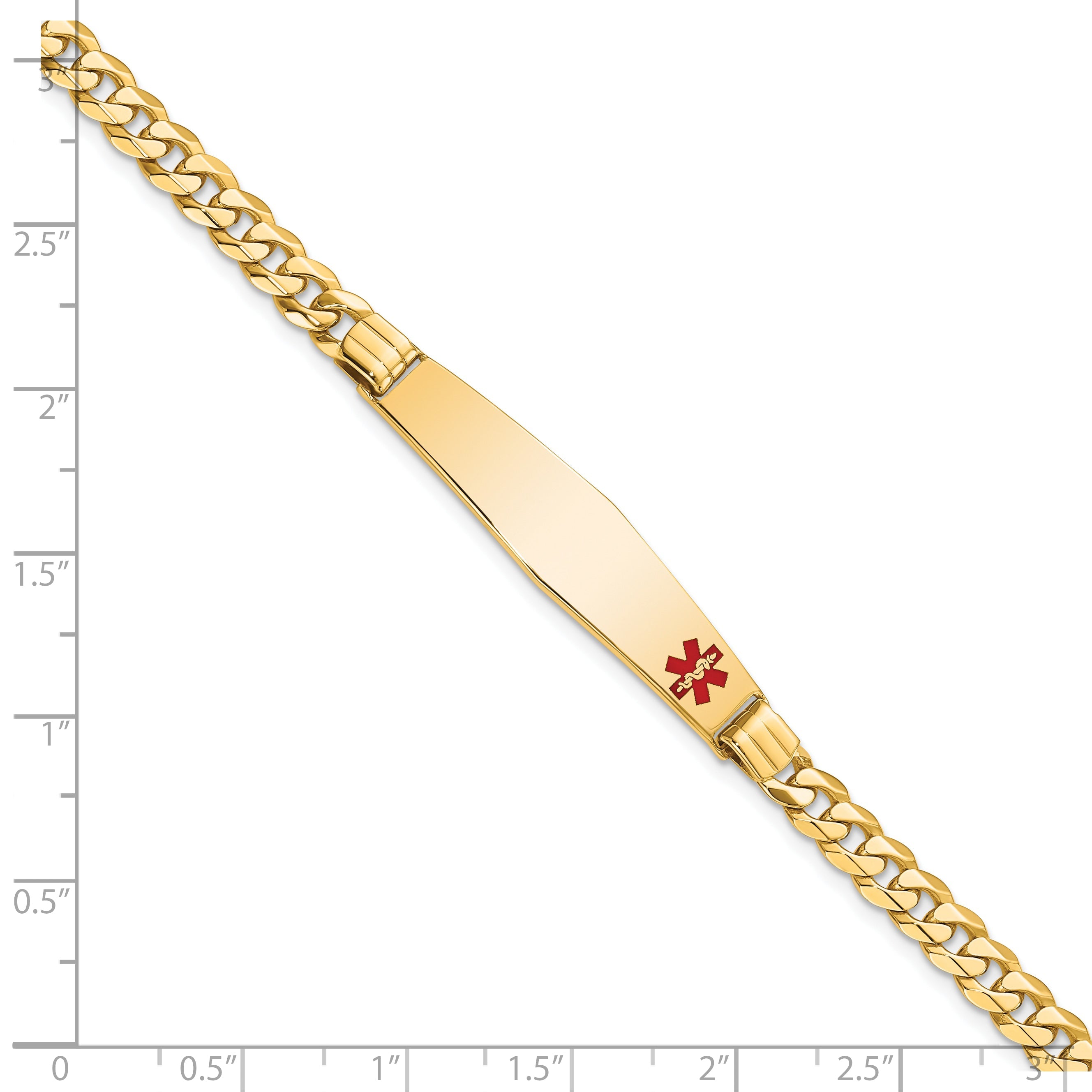 10K Yellow Gold Medical Soft Diamond Shape Red Enamel Curb Link Id Bracelet