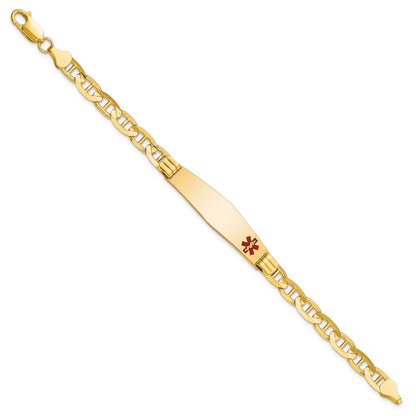 10K Yellow Gold Medical Soft Diamond Shape Red Enamel Anchor Link Id Bracelet