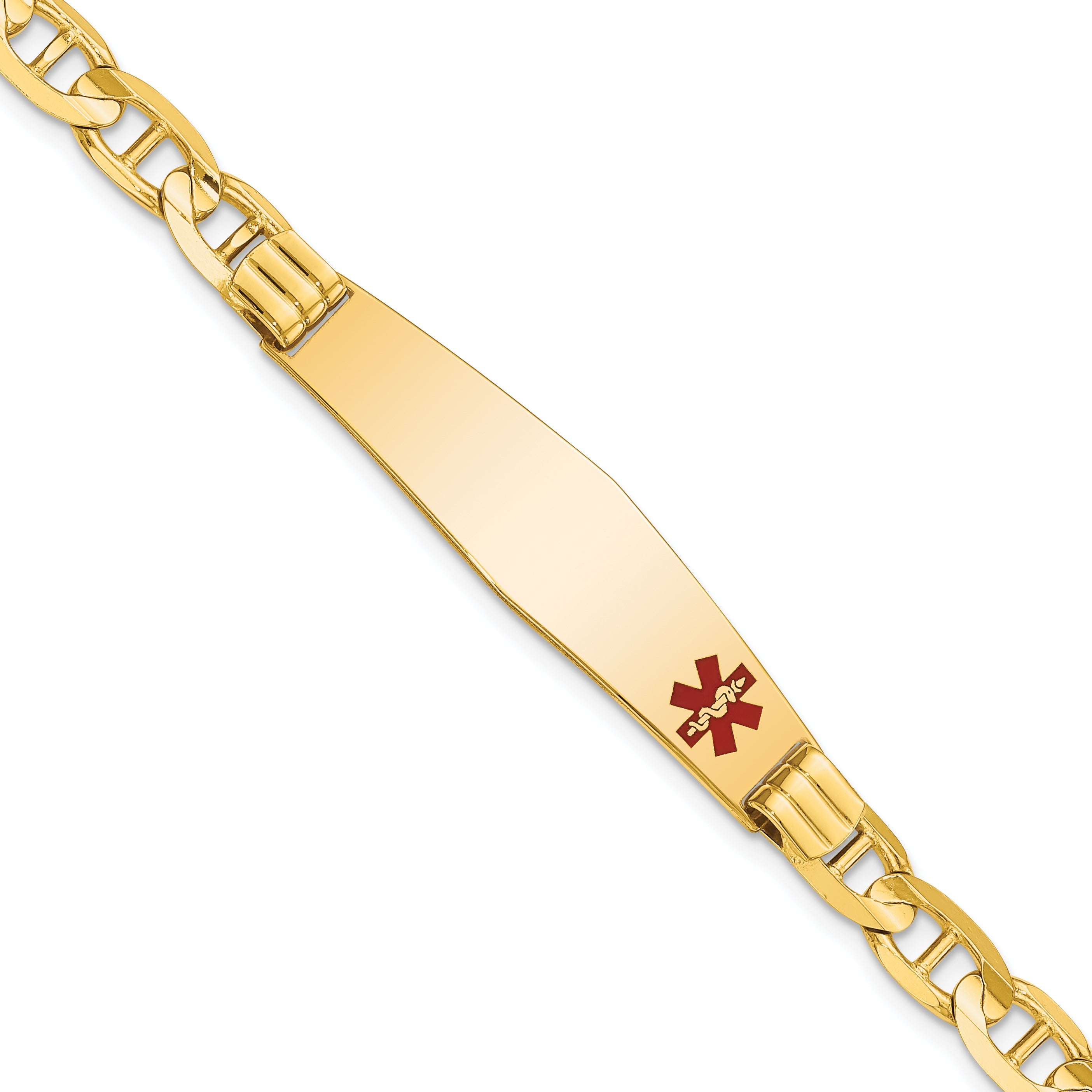 10K Yellow Gold Medical Soft Diamond Shape Red Enamel Anchor Link Id Bracelet