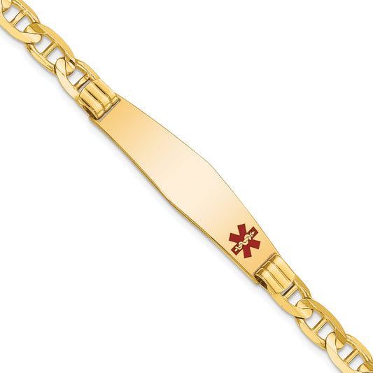 10K Yellow Gold Medical Soft Diamond Shape Red Enamel Anchor Link Id Bracelet