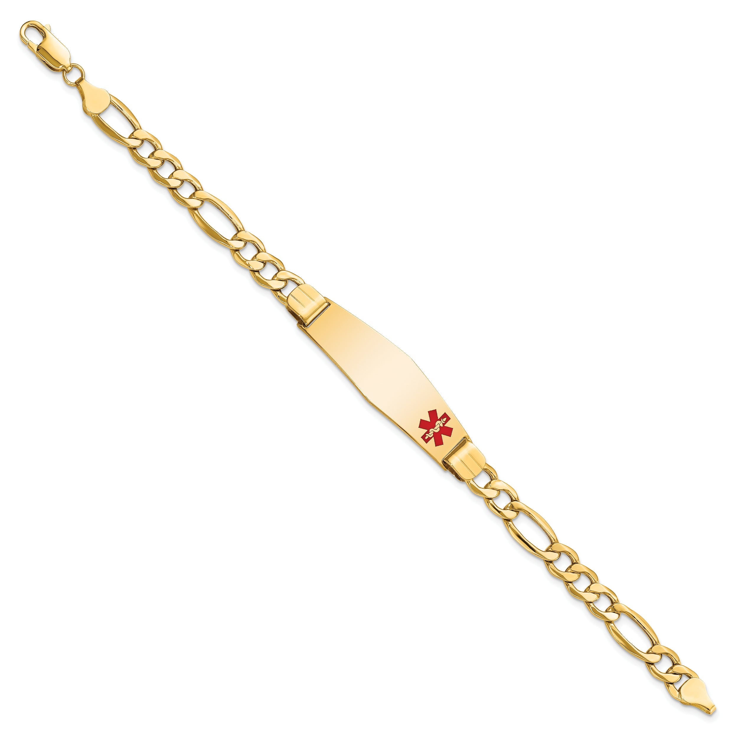 10K Yellow Gold Semi-Solid Medical Soft Diamond Shape Red Enamel Figaro Id Bracelet