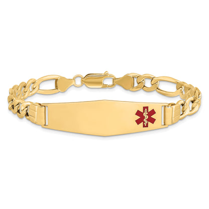 10K Yellow Gold Semi-Solid Medical Soft Diamond Shape Red Enamel Figaro Id Bracelet