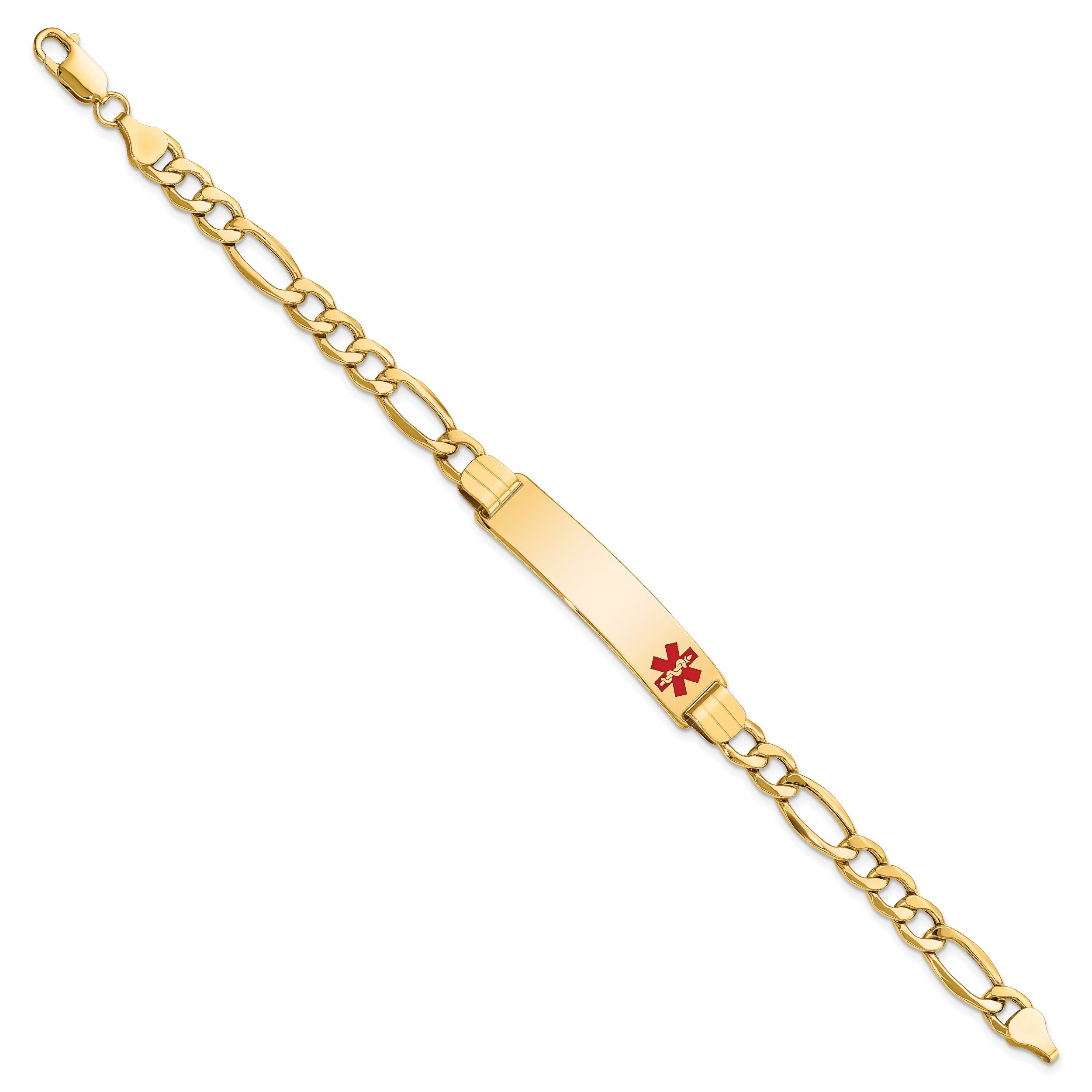 10K Yellow Gold Semi-Solid Medical Polished Red Enamel Figaro Id Bracelet