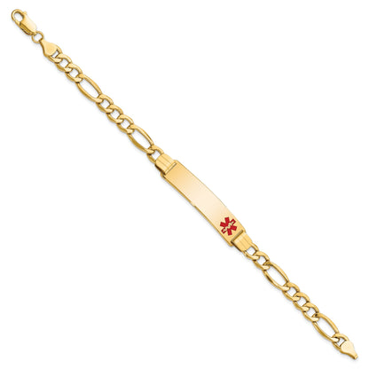 10K Yellow Gold Semi-Solid Medical Polished Red Enamel Figaro Id Bracelet