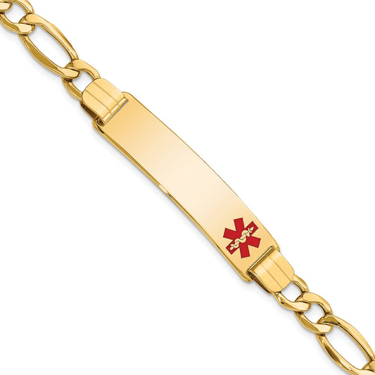 10K Yellow Gold Semi-Solid Medical Polished Red Enamel Figaro Id Bracelet