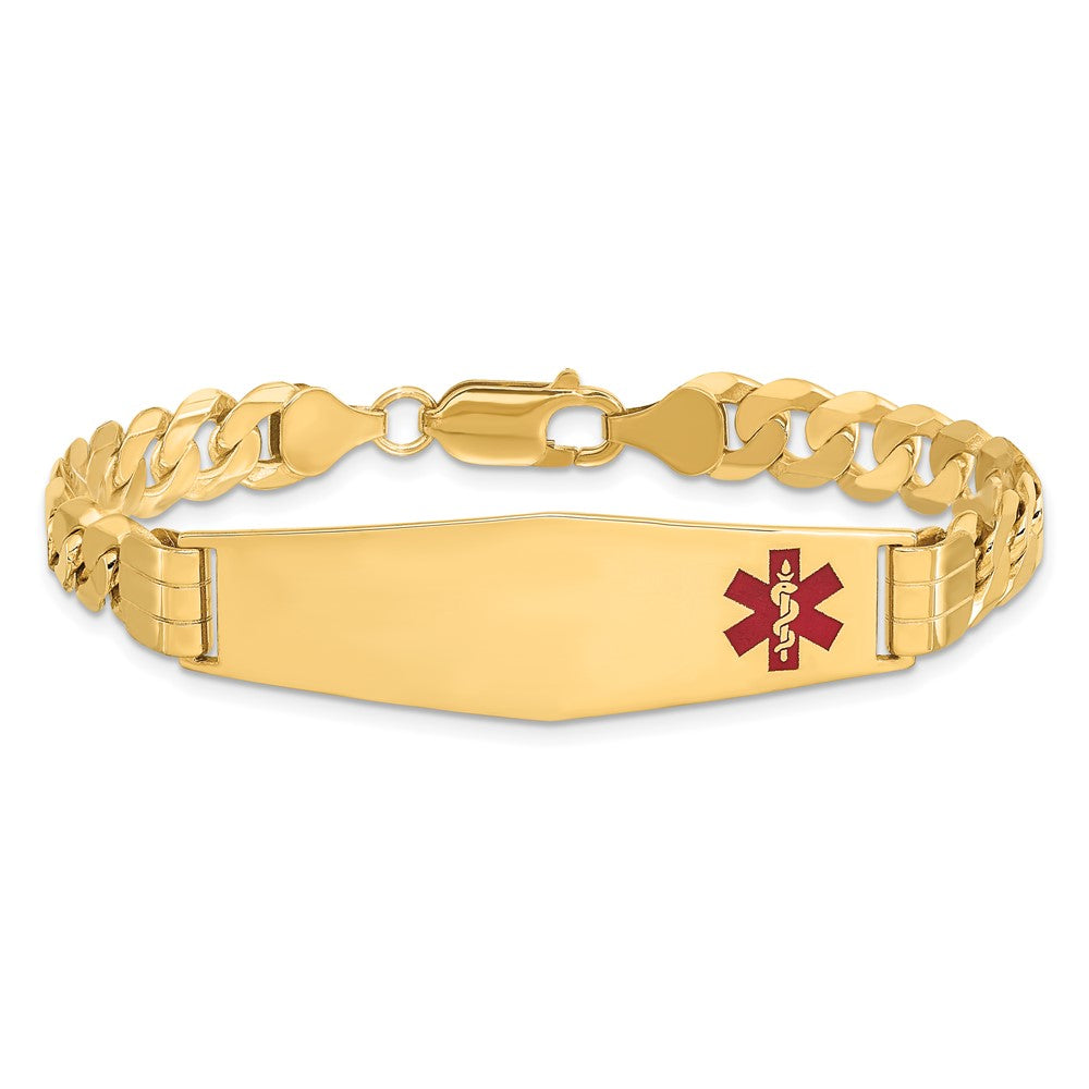 10K Yellow Gold Medical Soft Diamond Shape Red Enamel Curb Link Id Bracelet