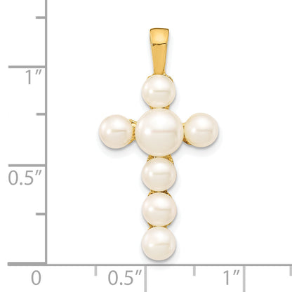 10K Yellow Gold 10K 4-6mm White Button Freshwater Cultured Pearl Cross Pendant
