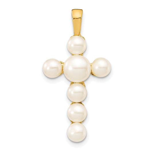 10K Yellow Gold 10K 4-6mm White Button Freshwater Cultured Pearl Cross Pendant