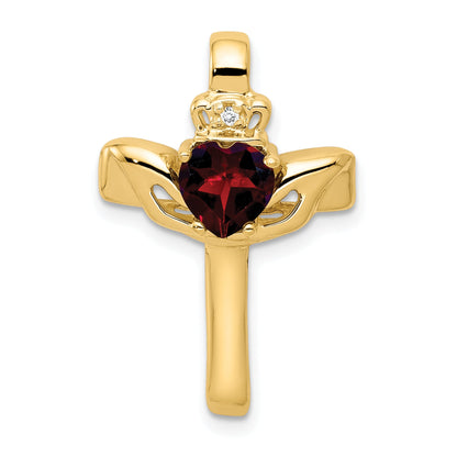 10K Yellow Gold Garnet & Aa Diamond Claddagh Cross Pendant