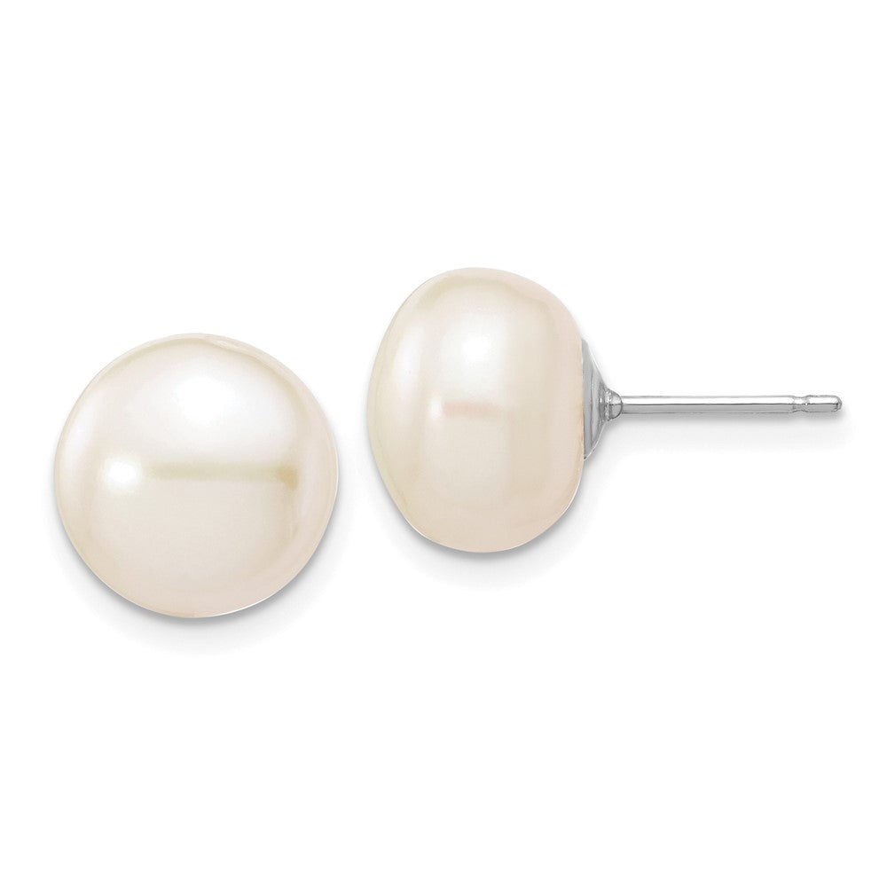 10K White Gold 10-11mm Button Freshwater Cultured Pearl Stud Post Earrings