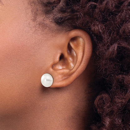 10K White Gold 11-12mm Button Freshwater Cultured Pearl Stud Post Earrings